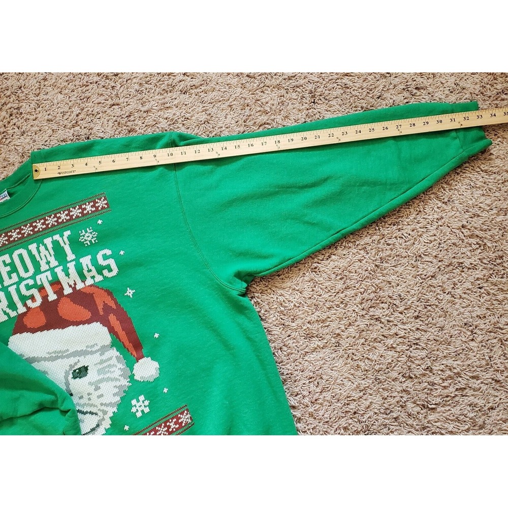 Meowy Christmas Cat Ugly Sweatshirt Unisex Crewneck Size 2XL Green Santa Hat - Picture 10 of 11
